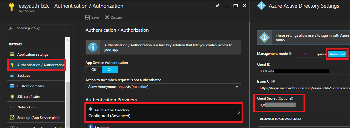 Setting the B2C app key as the Easy Auth client secret.