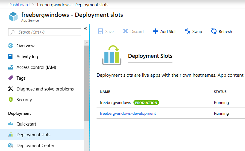 Deployment slots section of the Portal UX