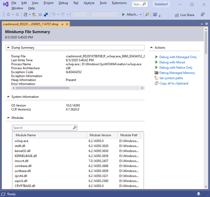 Open dump file in Visual Studio
