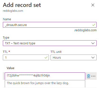 Azure DNS Add TXT Record