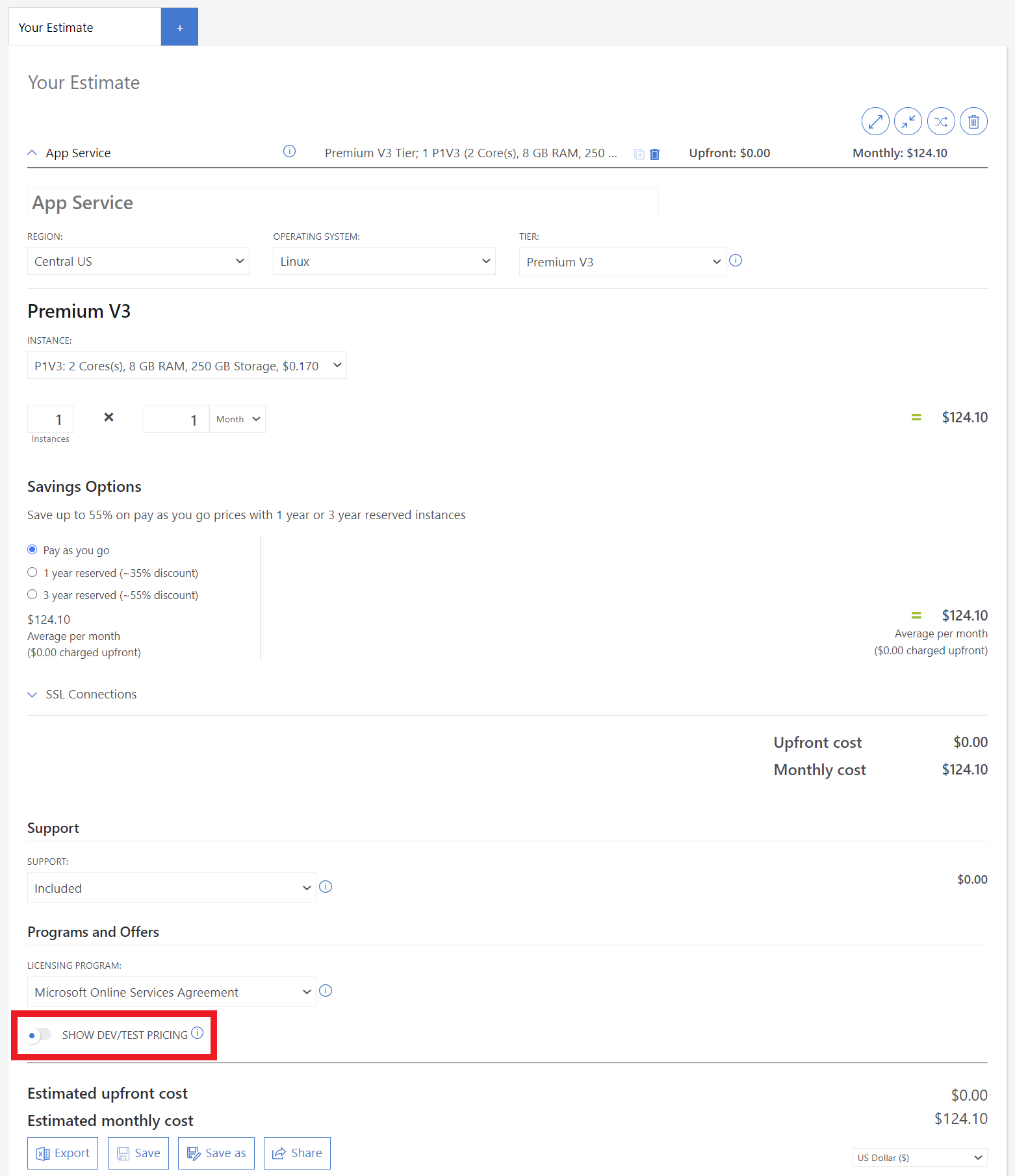 Pricing Calculator Show Dev Test Option