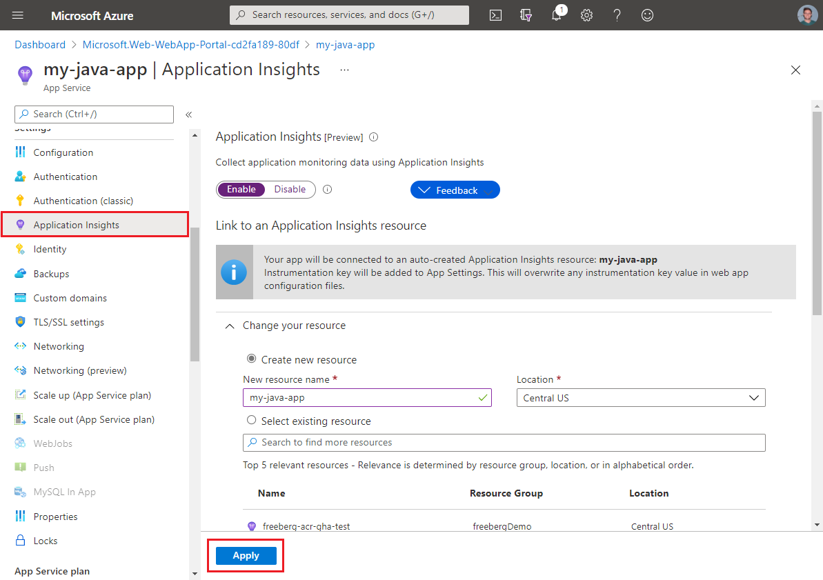 Enable App Insights from the Application Insights menu item