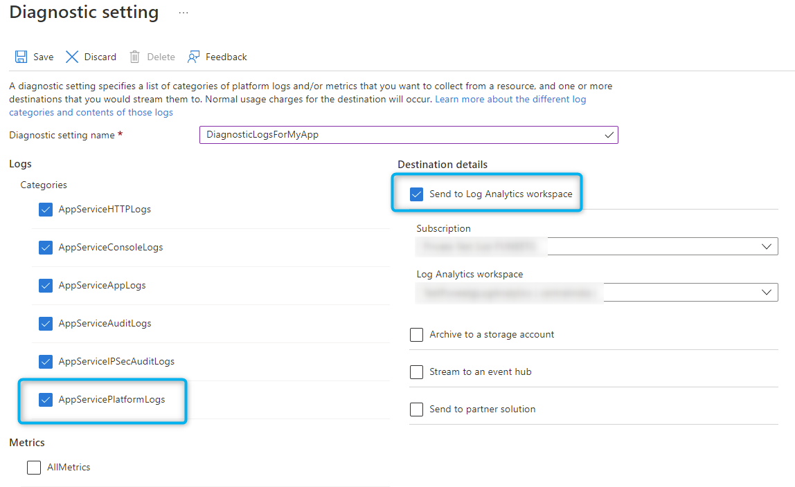 Enabling AppService Platform logs in Azure Monitor