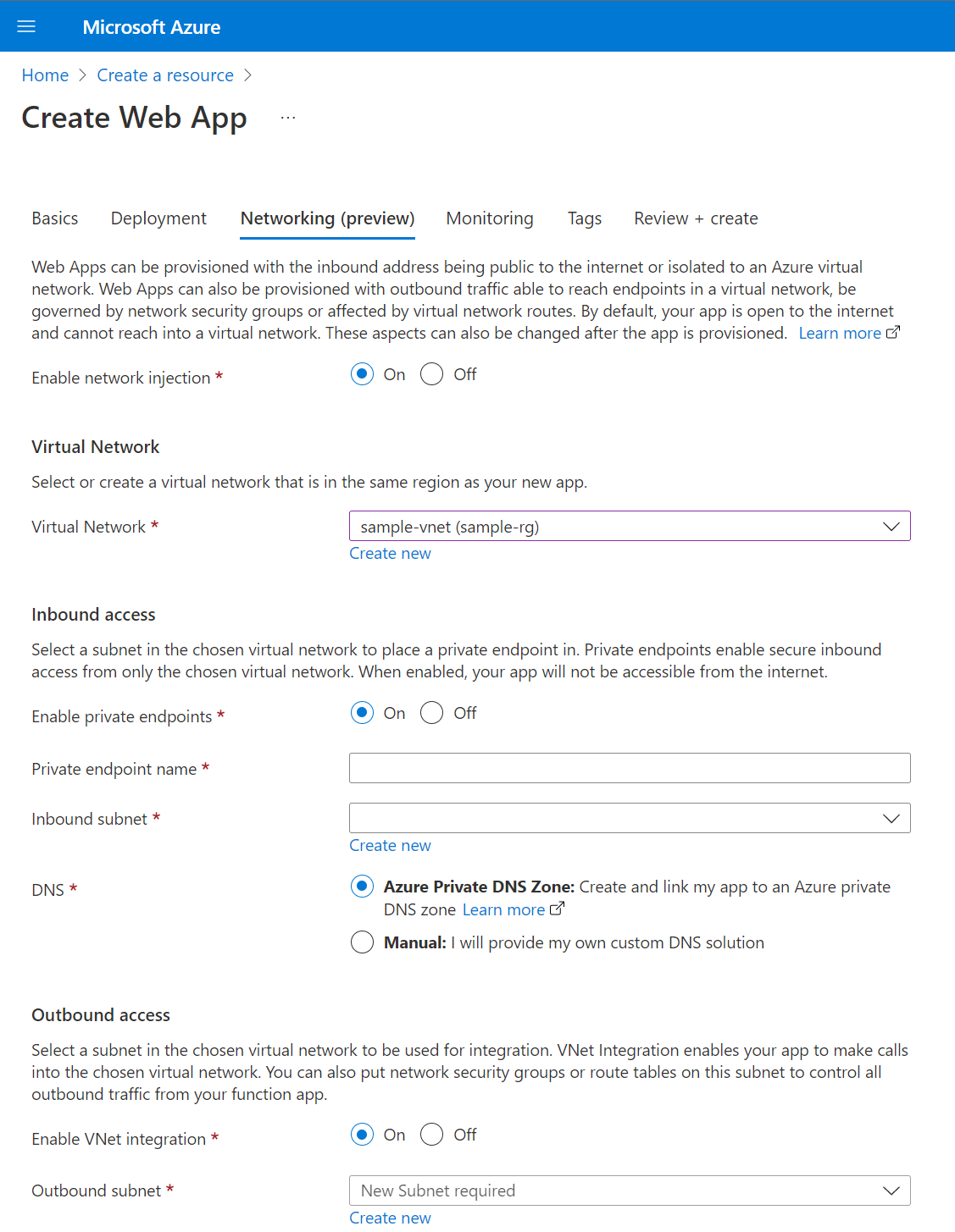 Web App creation Networking tab sample